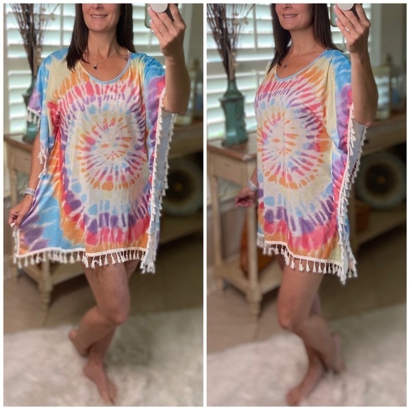 Tie Dye Boho Tassel Beach Cover Up Vibrant 0921 - Picture 1 of 5